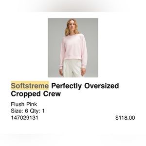 Lululemon Softstreme Perfectly Oversized Cropped Crew Sweatshirt, 6 — Flush Pink